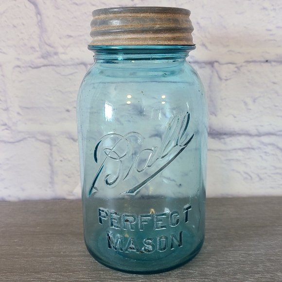 Vintage Ball Perfect Mason Blue Quart #1 Jar Aqua W/ Atlas Zinc Lid - Picture 1 of 10